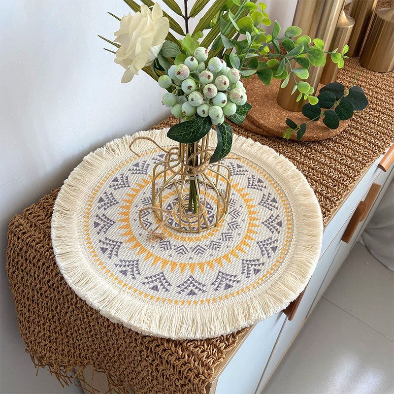 4 Pcs Beige and Orange Boho Chic Woven Cotton Placemat with Tassels