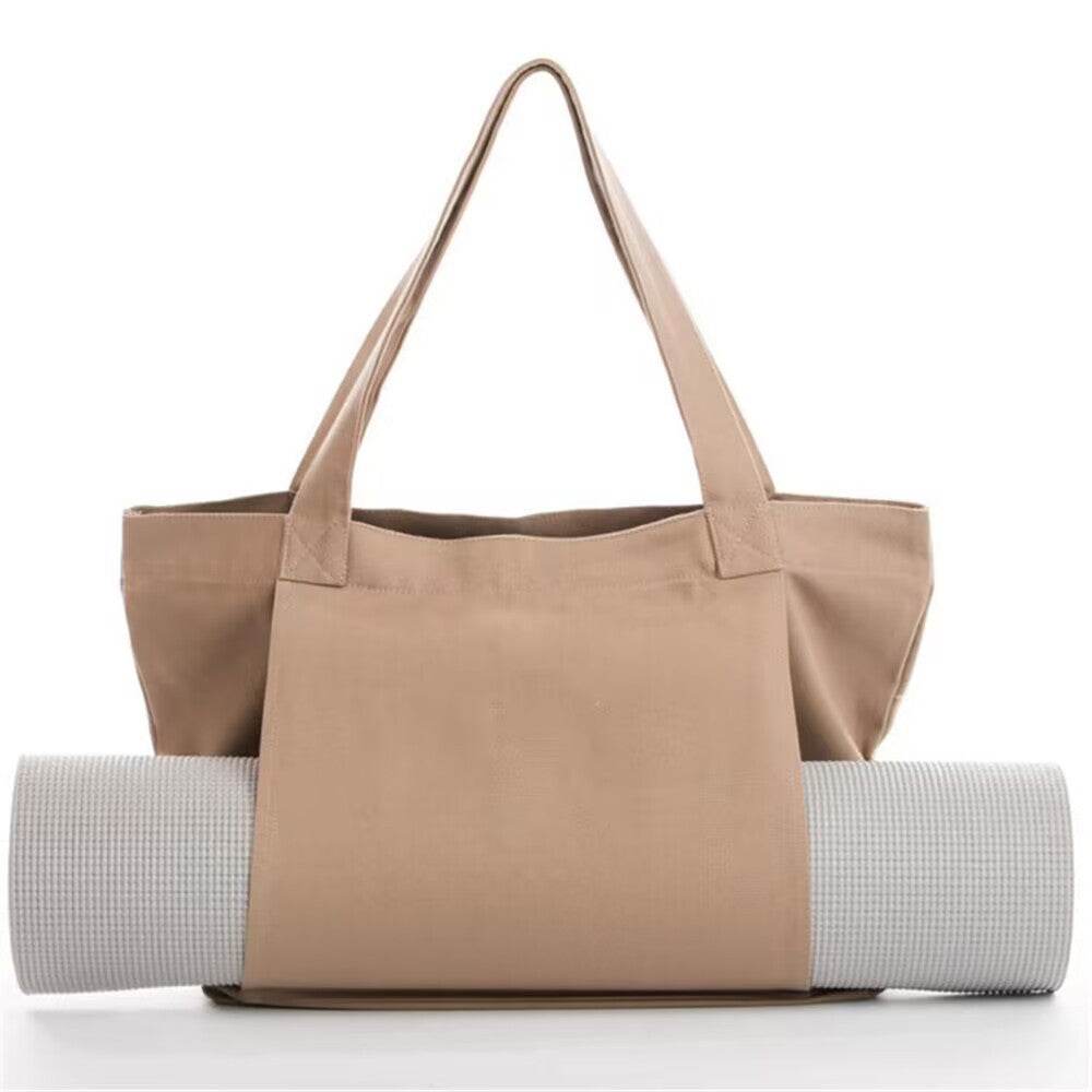 Apricot canvas yoga mat tote bag with shoulder straps and side pocket for yoga mat storage