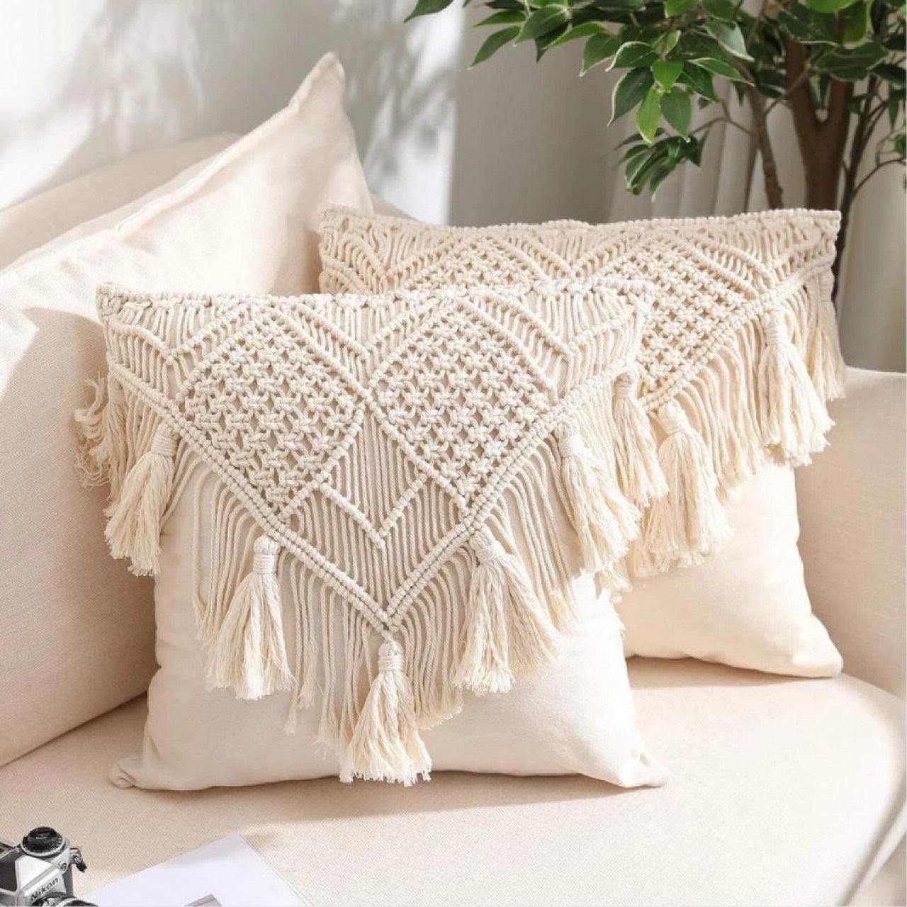 Beige Boho Chic Macrame Cushion Cover - Handmade Woven Cotton Linen Pillow Case with Tassels