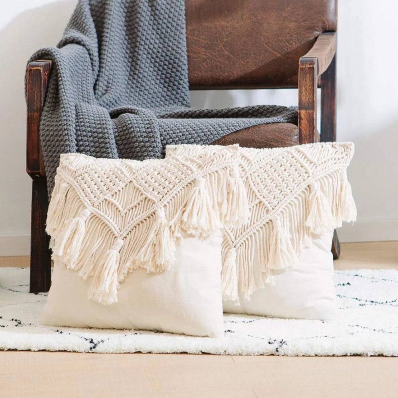 Beige Boho Chic Macrame Cushion Cover - Handmade Woven Cotton Linen Pillow Case with Tassels
