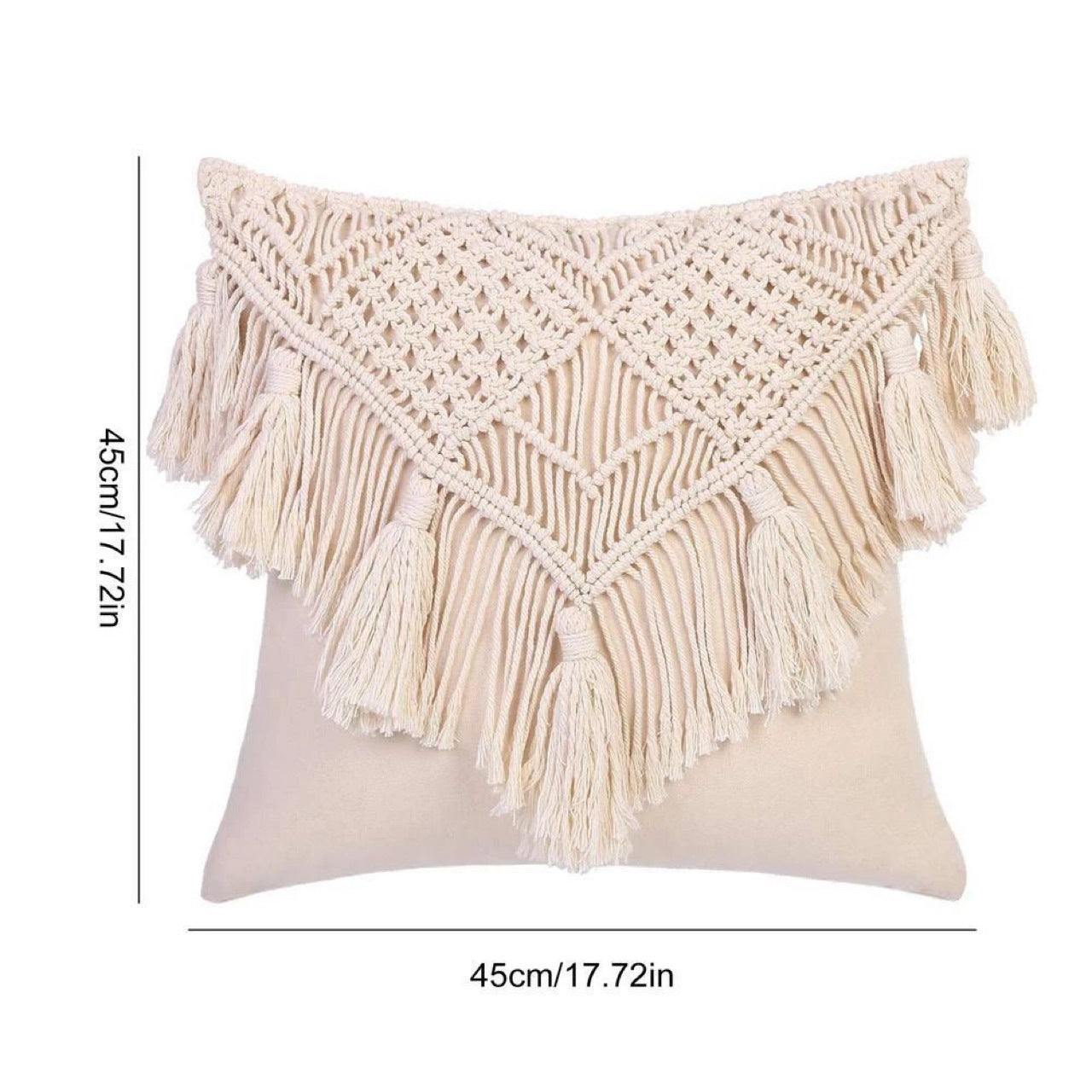 Beige Boho Chic Macrame Cushion Cover - Handmade Woven Cotton Linen Pillow Case with Tassels