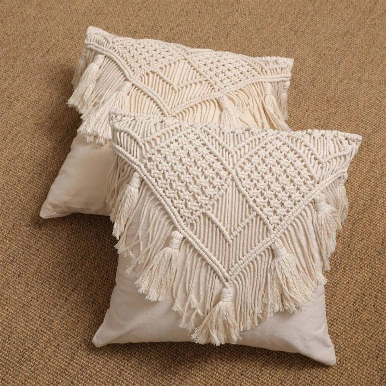 Black Boho Chic Macrame Cushion Cover - Handmade Woven Cotton Linen Pillow Case with Tassels