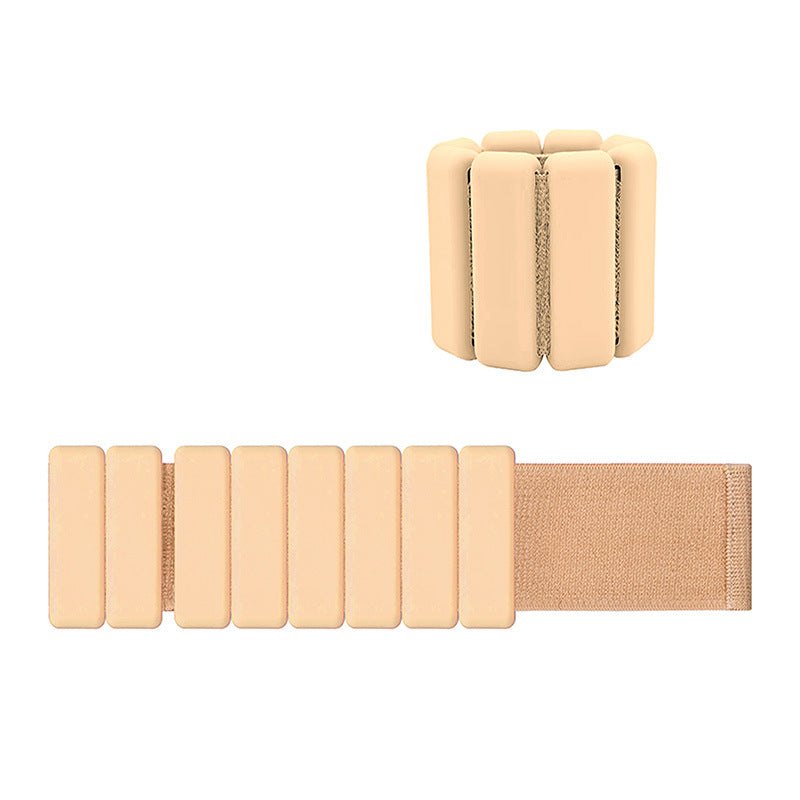 Khaki adjustable silicone wrist and ankle weights with removable blocks and Velcro strap for fitness workouts
