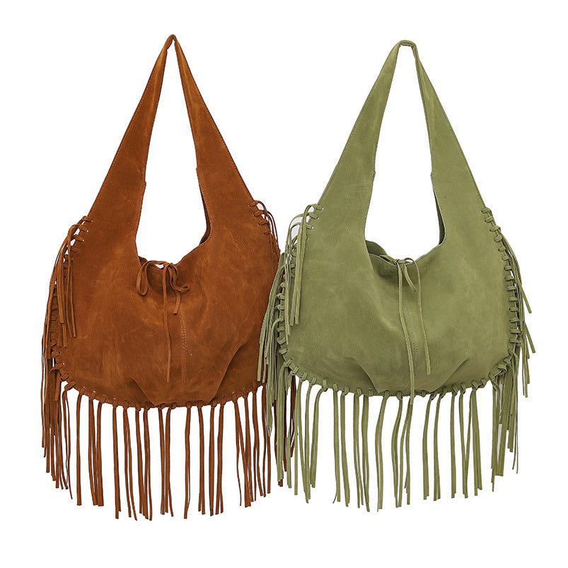 Green Boho Chic Fringed Hobo Bag