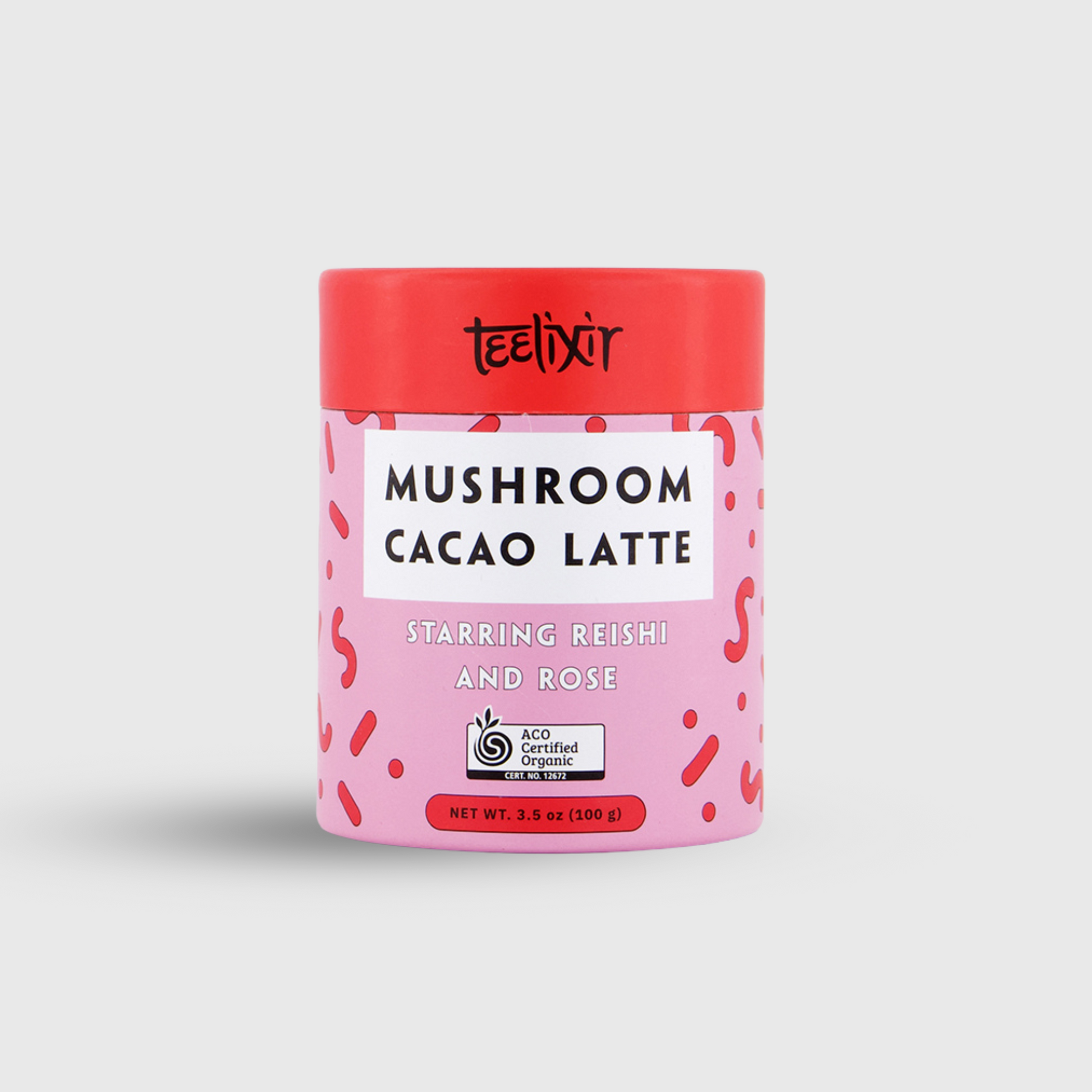 Teelixir Organic Mushroom Cacao Latte 100g container with Reishi and Rose, certified organic, caffeine-free wellness blend.
